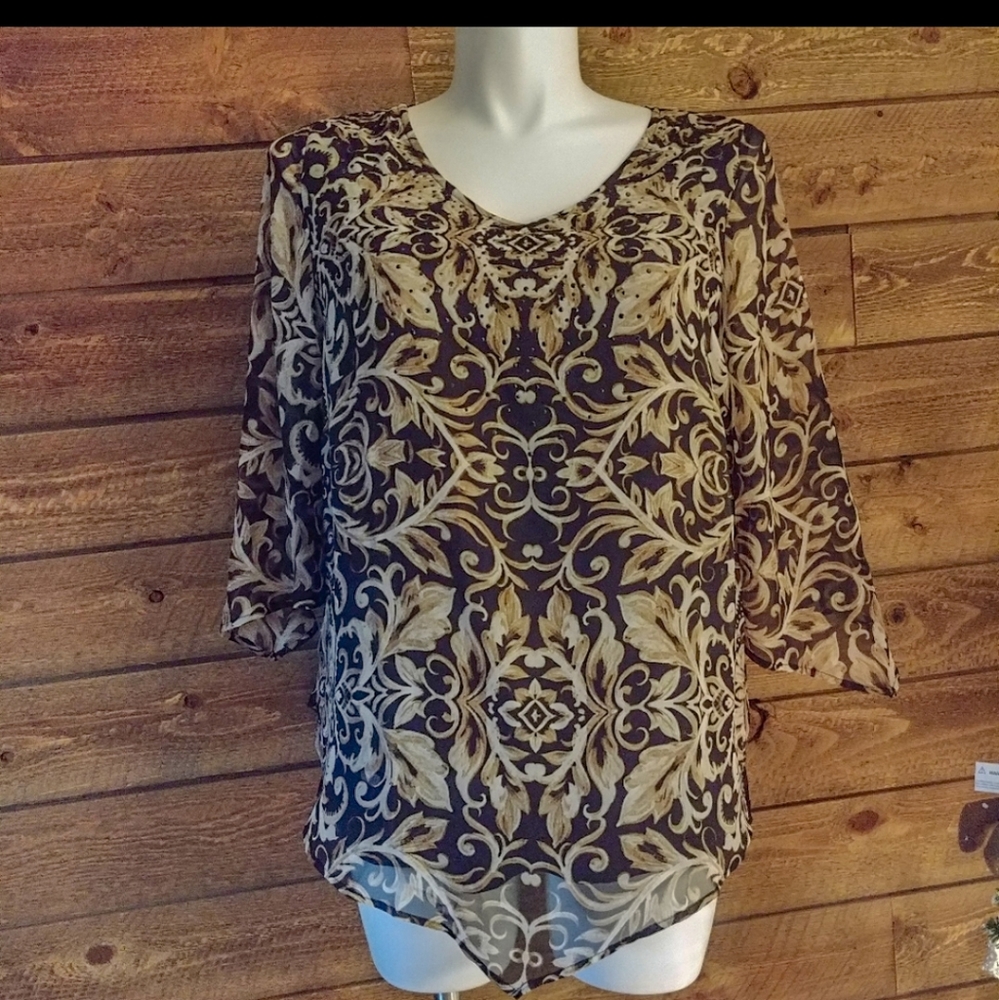 Roz & Ali Tan and Brown V Neck Blouse Size 1X T13